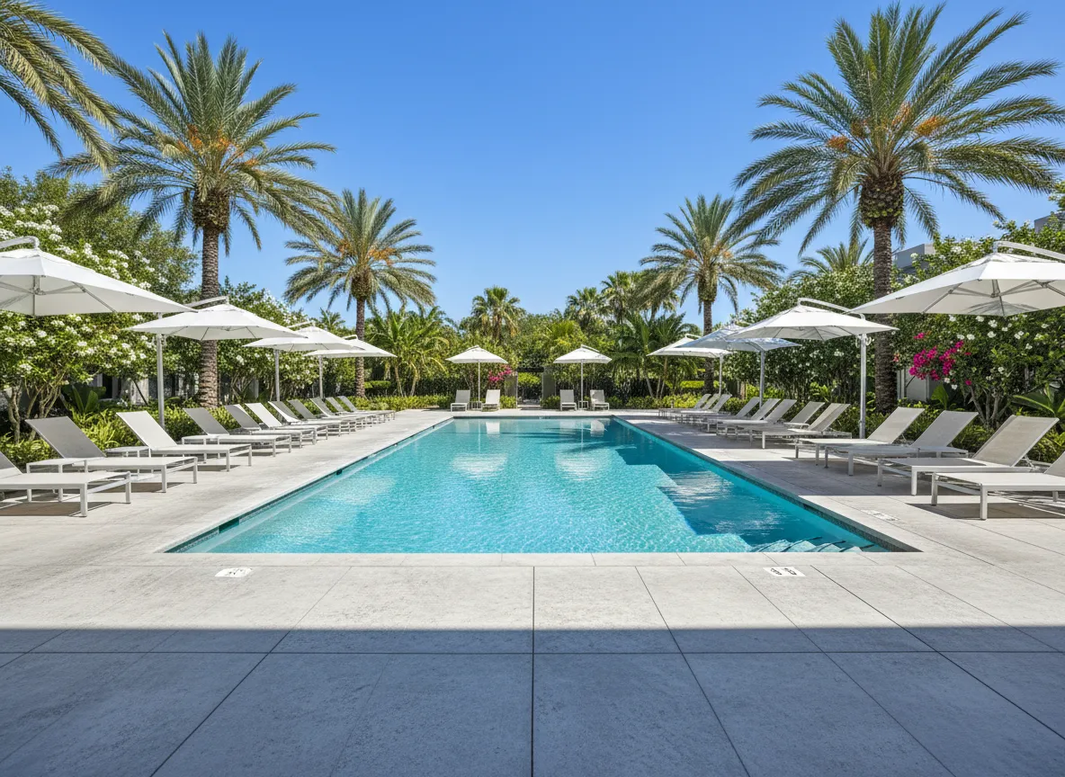 Outdoor pool area at Siena South apartments with lounge chairs and palm trees
